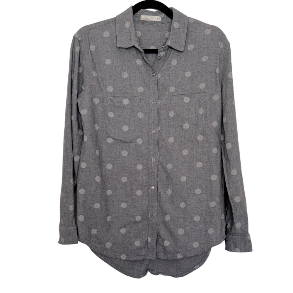 Hinge Gray Polka Dot Cotton Boyfriend Shirt Lightweight Button Front Size XS